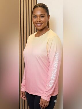 Long-Sleeve Ombre Crew Tee in Pink and Cream with Sleeve Logo fishing